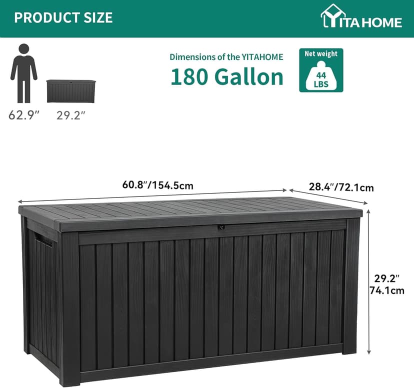 YITAHOME 180 Gallon Large Outdoor Storage XL Deck Box w/Divider for Patio Furniture,Outdoor Cushions, Garden Tools, Sports Equipment and Pool Supplies, Waterproof, Resin, Lockable, Black