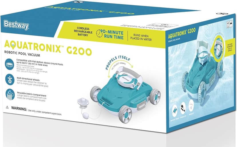 Bestway: AquaTronix: G200 Robotic Pool Vacuum - Cordless Debris Cleaning for Flat-Bottom in/Above Ground Swimming Pools, Maintenance Up to 538 SqFt