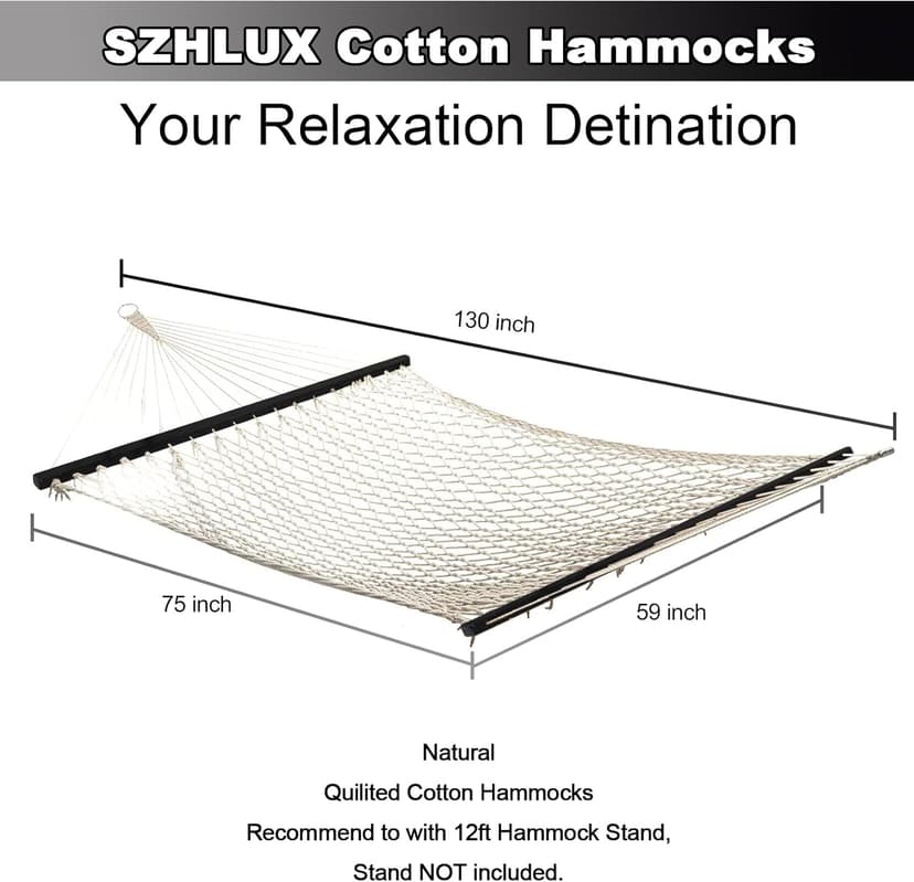SZHLUX Double Rope Hammocks, Traditional Hand Woven Cotton Hammock with Hardwood Spreader Bar and Carrying Case for Outdoor, Indoor for Two Person, 450lb Weight Capacity