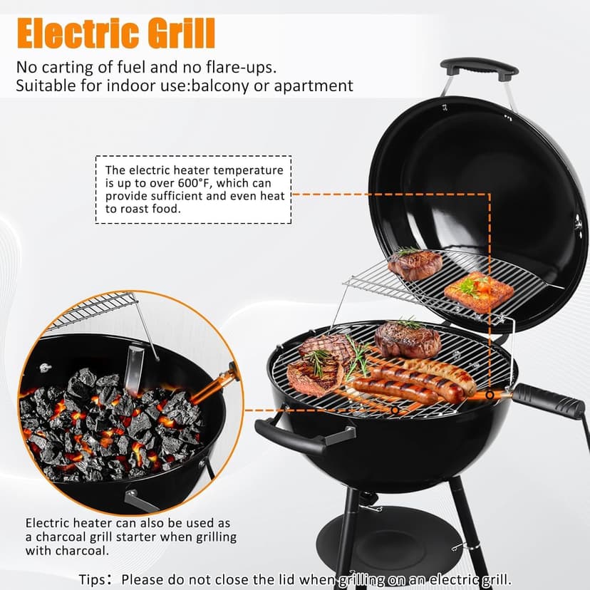 CUKOR 2 in 1 Electric Barbecue Grill，Electric & Charcoal Grill BBQ Grill Indoor Outdoor, Non-stick Porcelain-Enameled Lid and Wheels