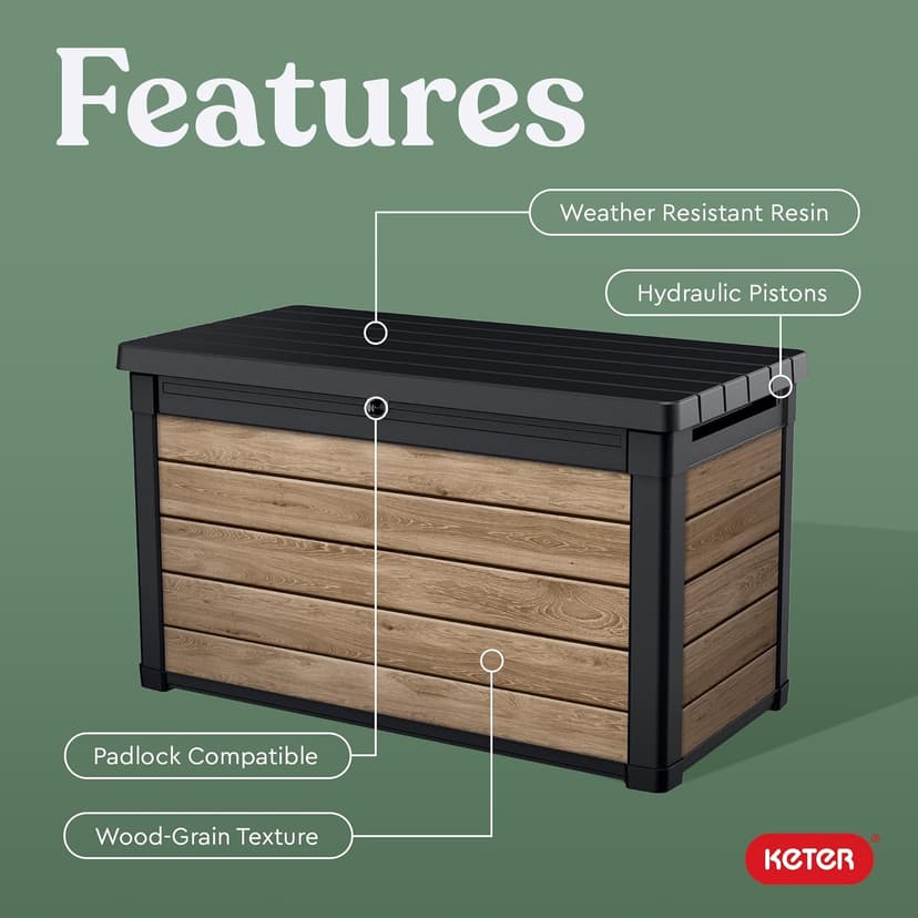Keter Signature Collection 100 Gallon Resin Deck Box Organization and Storage Box for Patio Outdoor Cushions, Throw Pillows, Garden Tools and Pool Supplies, Ashwood
