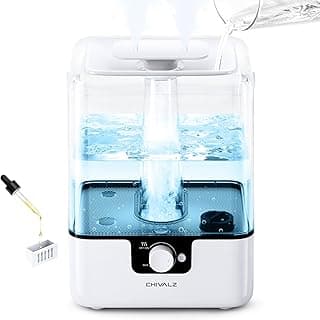 6L Humidifiers for Bedroom Large Room Home, CHIVALZ Cool Mist Top Fill Humidifiers for Baby Nursery and Plants, 26dB Quiet, Nightlight, Up to 50 Hours, Oil Diffuser 1 Pack + 2 Mist Outlets White