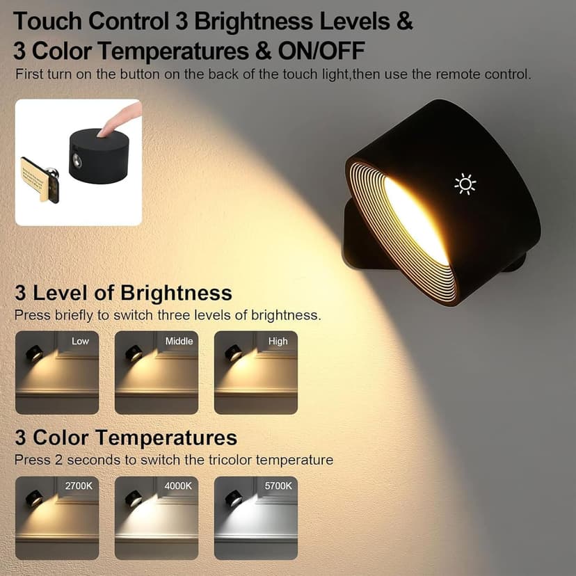 Lightess Smart LED Wall Sconces Set of 2, Dimmable Wall Mounted Lamp with 3 Lighting & RGB & Ambiance Mode, APP & Touch Control, Rechargeable Battery Operated Wall Light for Reading Bedside