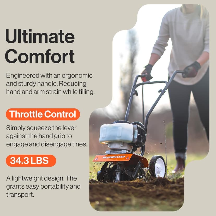 SuperHandy 52cc 2 Stroke Gas Mini Tiller Cultivator - 1.8HP, 4 Adjustable Steel Tines, Forward Rotation, 10" Tilling Width - Ideal for Garden, Lawn, Soil Cultivation, Weed & Digging