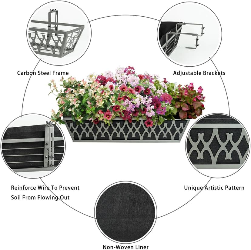 2 Pack 24 Inch Window Boxes Planters Railing Planter Box with Adjustable Brackets & Non-Woven Fabric Plant Grow Bags Deck Railing Planter Boxes Balcony Hanging Flower Box for Outdoor Plants