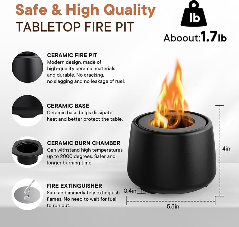 Ceramic Tabletop Fire Pit, Portable Ethanol Fire Bowl, Mini Rubbing Alcohol Fireplace Table Top Fire Pit Bowl Long Burning Smokeless Housewarming Gift with Indoor & Outdoor & Garden