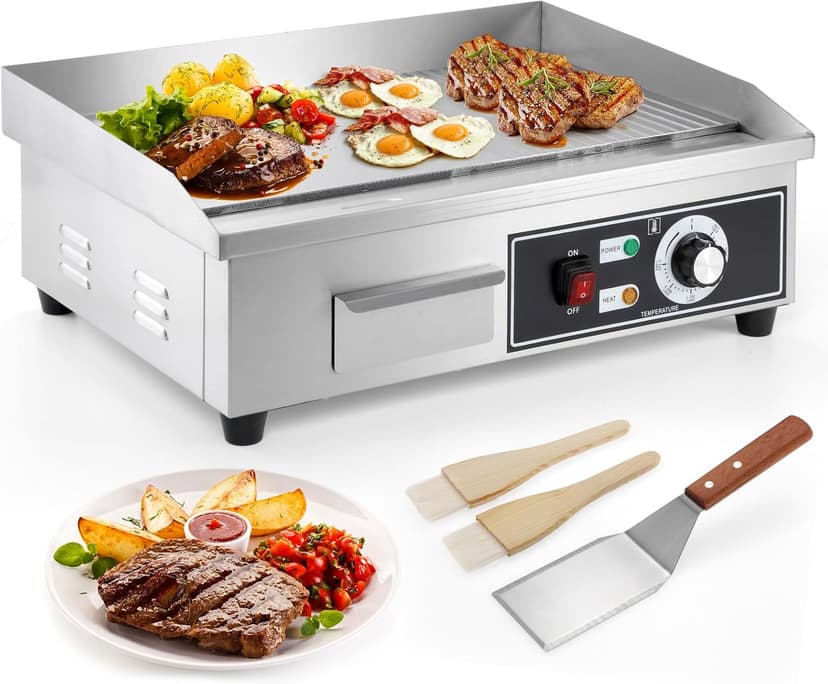 IRONWALLS Electric Griddle Nonstick 22 Inch, 1600W Stainless Steel Commercial Griddle for Indoor & Outdoor, 2-IN-1 Half Flat Top Griddle Grill for Restaurant & Home, 122℉-572℉ Adjustable Temperature