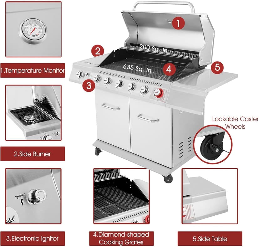 Royal Gourmet GA6402S 6-Burner Propane Gas Grill with Side Burner and Warming Rack, 74,000 BTUs, Cabinet Style Outdoor BBQ Grill for Barbecue Grilling & Backyard Cooking, Silver