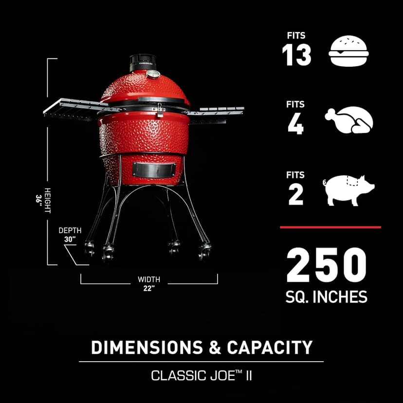 Kamado Joe Classic Joe Series II 18-inch Ceramic Charcoal Grill and Smoker with Cart, Side Shelves, Stainless Steel Grates and 250 Cooking Square Inches in Red, Model KJ-23RHC