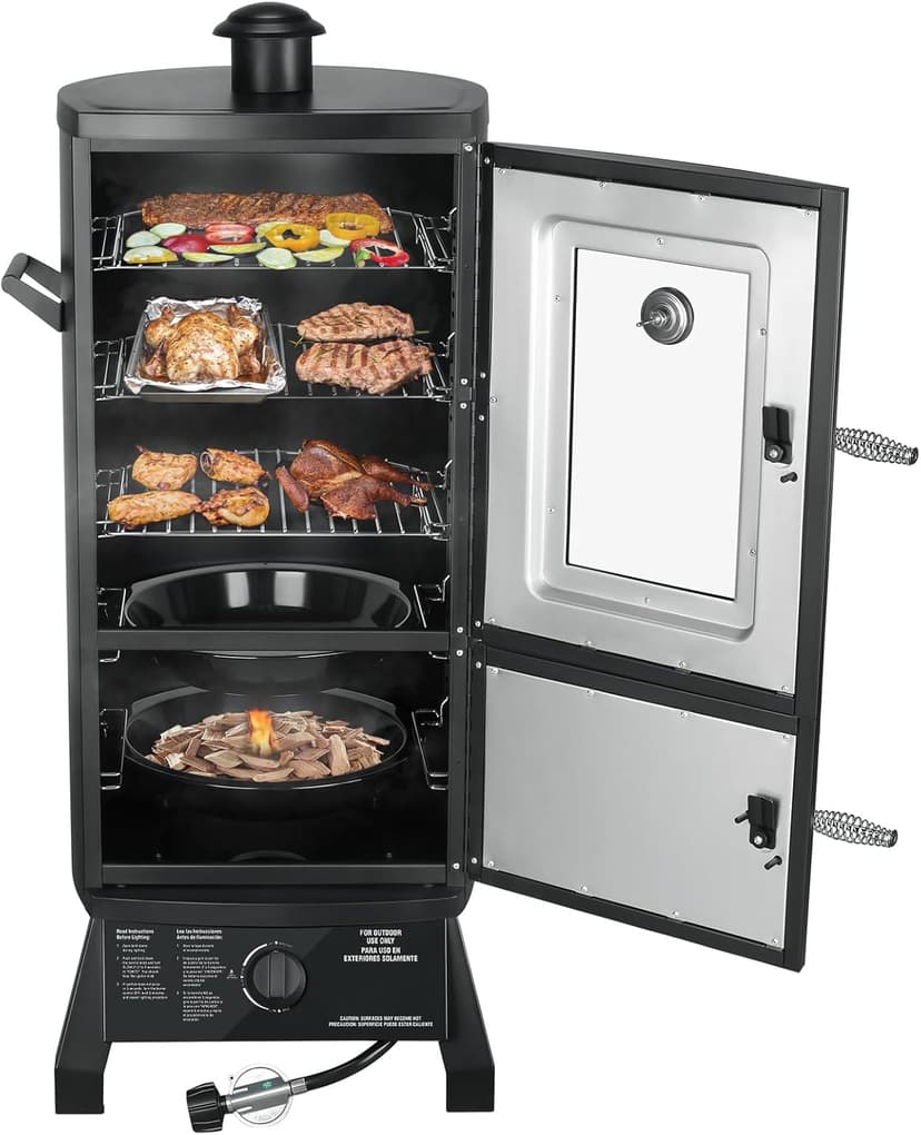 Vertical Propane Smoker with Cover, Gas Smoker Grill Outdoor Heavy Duty Three Removable Smoking Shelves with Temperature Control, Multi