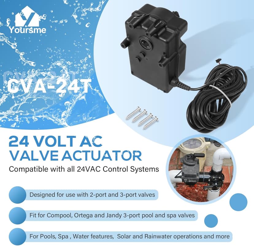 Yoursme CVA-24T Valve Actuator Replacement Part for Pentair 263045 Valve Actuator, 24 Volt AC 180 Degree Rotation, 25 Feet Cable, for 2 or 3 Port Valves, Compatible with All 24VAC Control Systems