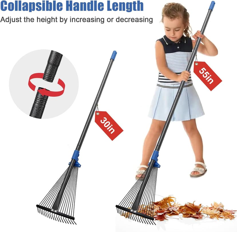 Adjustable Metal Leaf Rake Long Handle, 60 inch Garden Rakes for Lawns Heavy Duty Leaves with Expandable Head 8-17", Yard Women Kids Rake for Gardening RV Camping