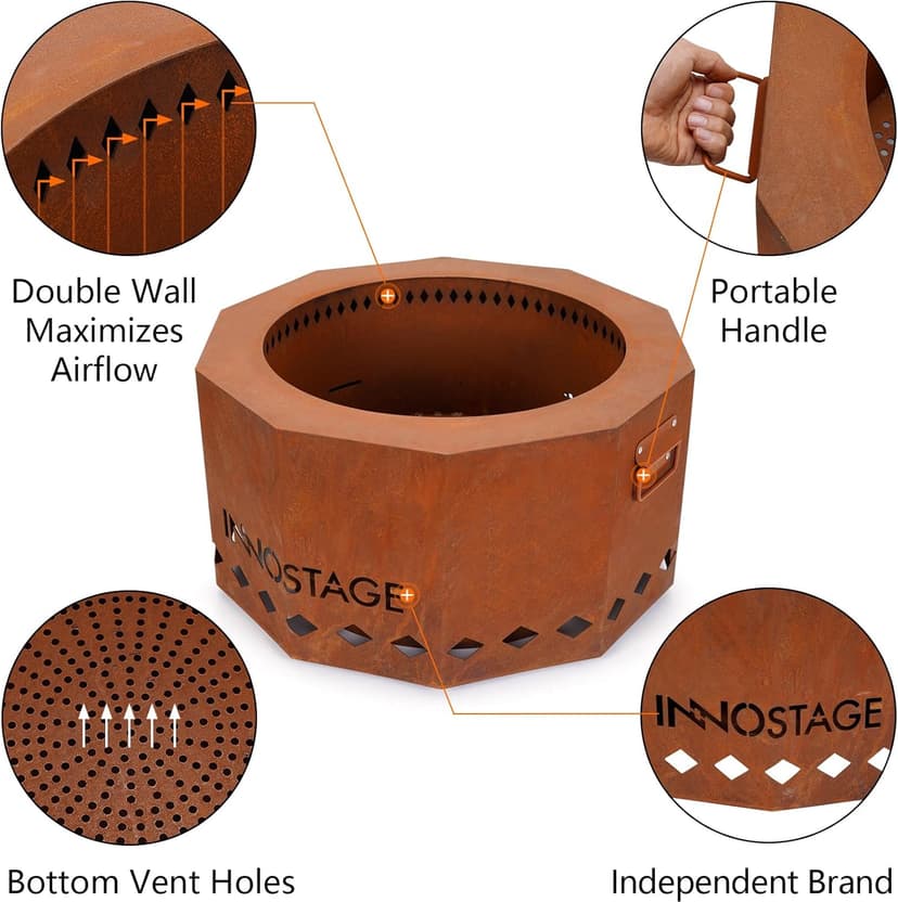 Outdoor Fire Pit - 24" Smokeless Wood Pellet Fire Pits Large for 4-6 People Campfire-Weathering Steel Material