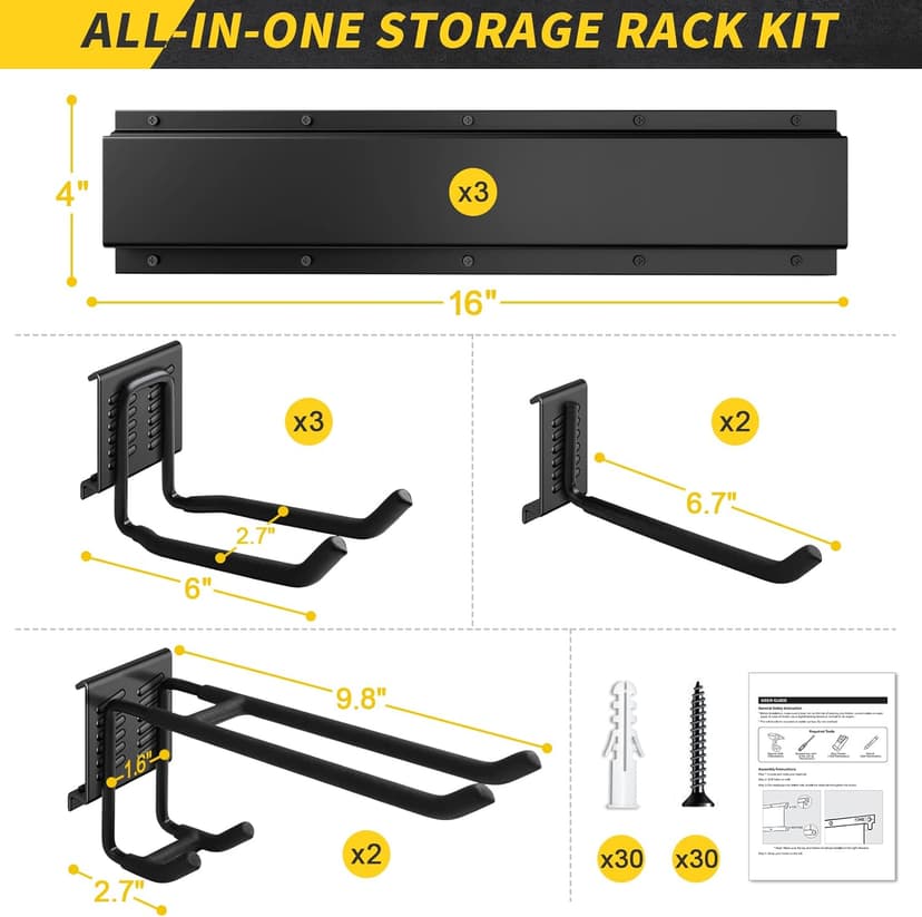 Garage Storage, Garage Organization, Wall Mount Garden Tool Organizer 48 Inches, 440lbs Adjustable Heavy Duty Metal Hooks, Yard Shed Rack Holder System Hanging Rake Broom Mop Snowboard, Men Gift