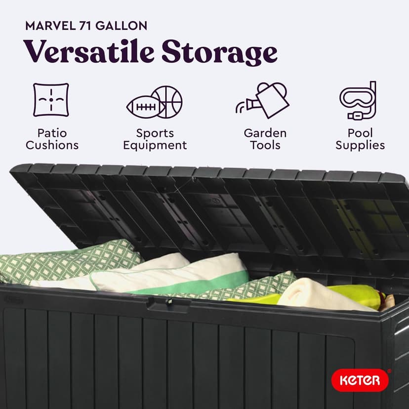 Keter Marvel Plus 71 Gallon Resin Deck Box Organization and Storage for Patio Storage Box Outdoor Cushions, Throw Pillows, Garden Tools and Pool Accessories, Dark Grey
