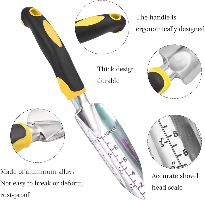 Transplanter Trowel Garden Shovel Hand Trowel Cast-Aluminum Heavy Duty Gardening Tool Depth Marker Measurement Trowel with Ergo Handle for Digging and Planting Engraved Depth Guide (Yellow)