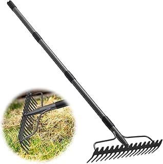 Garden Leaf Rake with 77 Inch Handle, Heavy Duty 17 Inch Wide Metal Garden Lawn Rake for Loosening Soil Raking Leaf Leveling Rocks Spreading Mulch Gravel, Rustproof Metal Bow Rakes Garden Tools