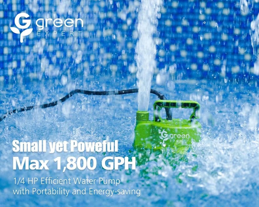 Green Expert 1/4HP Submersible Sump Pump 25-Foot Power Cord High Flow 1800GPH for Water Removal Household Drainage Utility Pump Easy to Use in Pools Hot Tub Flooded House Suit to Garden Hose