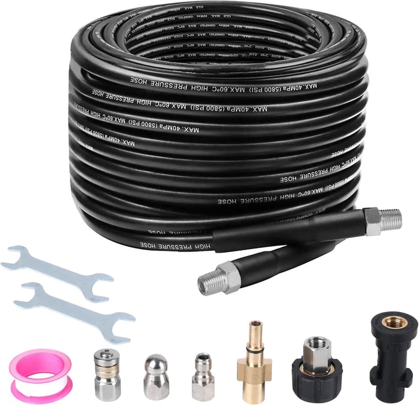 Sewer Jetter Kit for Pressure Washer, 50 FT 5800 PSI Drain Cleaner Hose with Universal M22-14mm and 1/4" Connector, 2 Sewer Jetting Nozzles, High Pressure Washer Hose for Karcher Bosch