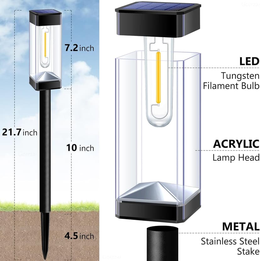 Solar Pathway Lights 8 Pack LED Waterproof Solar Outdoor Lights, Upgraded Stainless Steel Driveway Lighting with Tungsten Filament Bulb for Yard, Landscape, Garden, Walkway, Lawn, Path