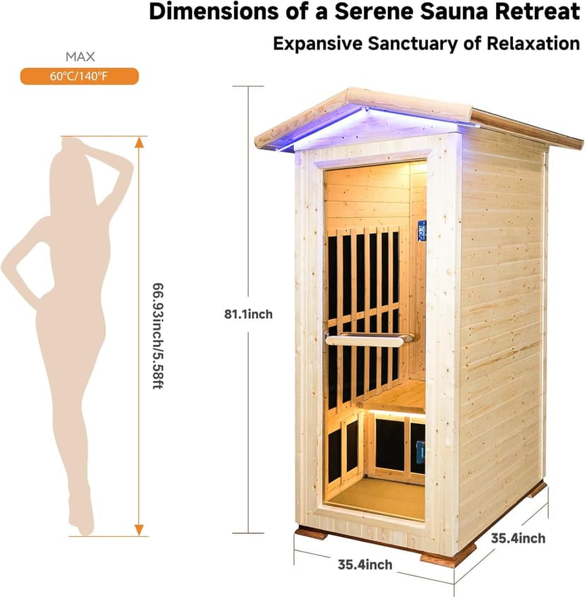 Outdoor Sauna 1 Person for Home Backyard Sauna Outdoor Infrared Sauna 1 Person Dry Sauna for Home Far Infrared Sauna Outdoor Spruce Wood Sauna 1300W Low EMF Single Person Infrared Sauna Room in Home