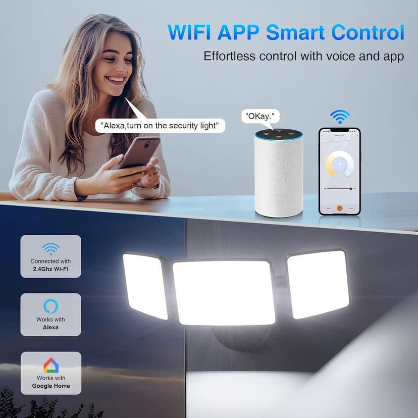 Onforu 100W Smart LED Security Flood Lights Outdoor, 9000LM Brightness Adjustable, WiFi Alexa Flood Light APP Control Tunable 2700K-6500K, Exterior Floodlight with 3 Adjustable Heads for Yard Garage