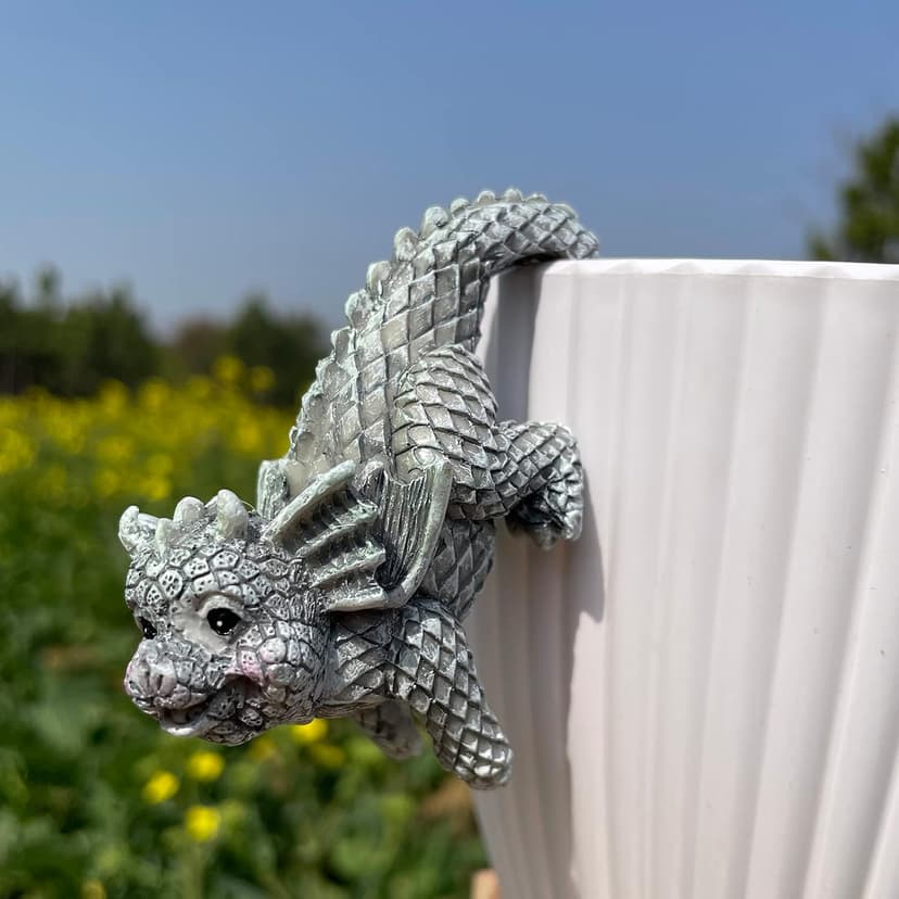 4 PCS Cute Dragon Figurines, Hanging Animal Statue for Planter Pot, Resin Climbing Sculpture Flower Pot and Vase Hugger for Patio Lawn Yard Ornaments