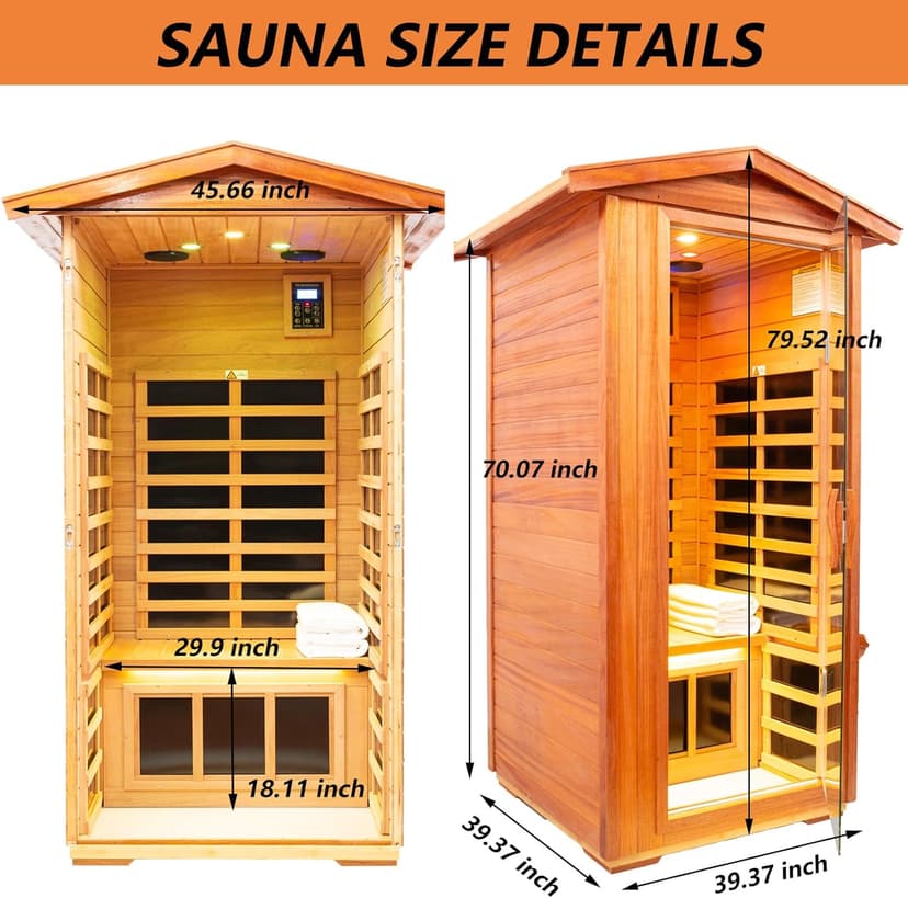 Mahogany Outdoor Sauna, 1 Person Far Infrared Sauna for Home, 1560W, with Bluetooth, LED Reading Lamp, Chromotherapy Lamp, for Indoor and Outdoor Wooden Sauna