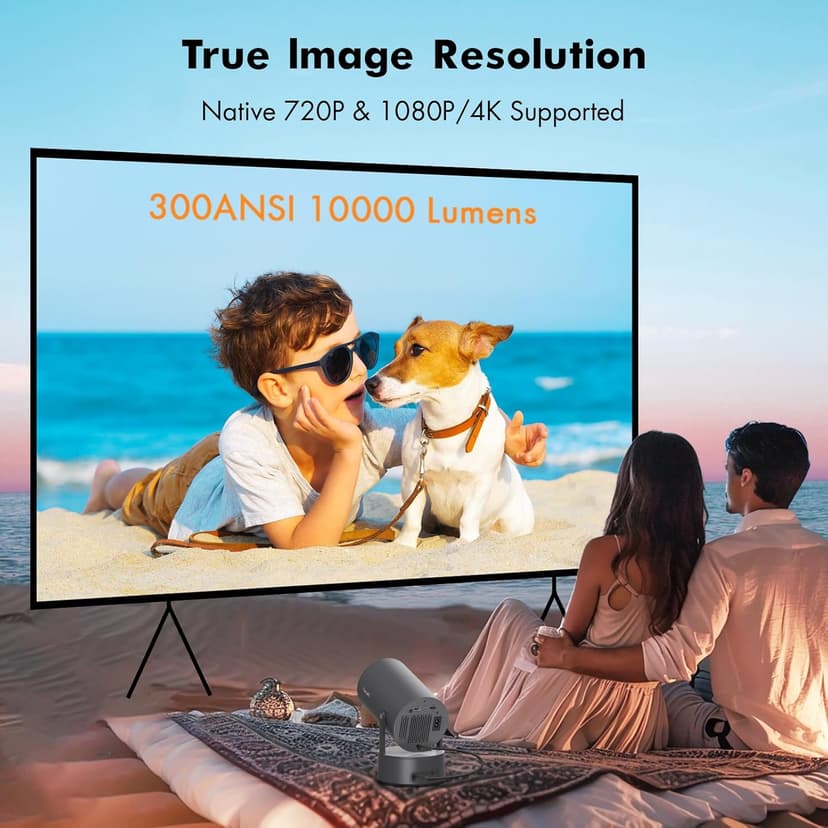 Portable Outdoor Projector with Battery, Mini Projector with WiFi and Bluetooth, 1080P Supported, Auto Keystone, Electric Focus, 180° Rotatable, Suitable for Camping, Family Gatherings, Party