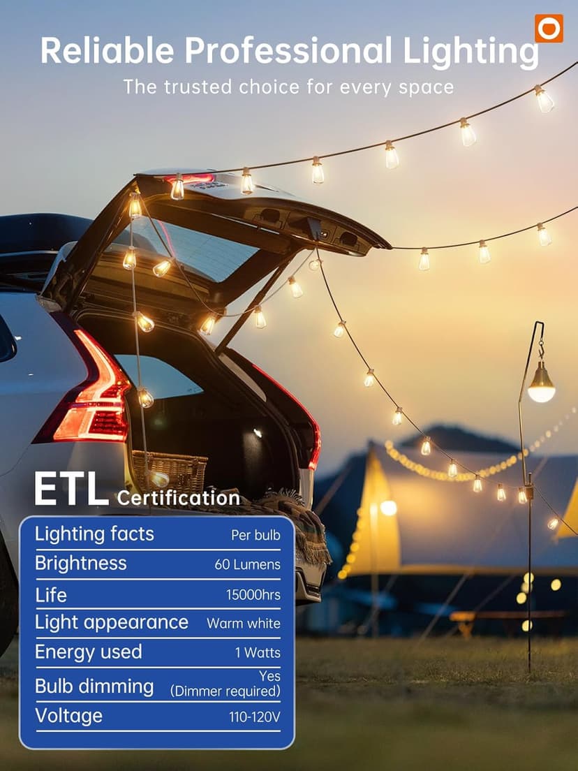 addlon 50FT LED Outdoor String Lights with 16 Shatterproof ST38 Bulbs, Commercial Grade Patio Light, Vintage Outside Hanging Waterproof, Outdoor Connectable for Garden Porch Backyard Balcony