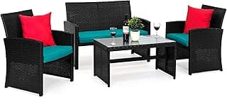 Best Choice Products 4-Piece Outdoor Wicker Patio Conversation Furniture Set for Backyard w/Coffee Table, Seat Cushions - Black/Teal