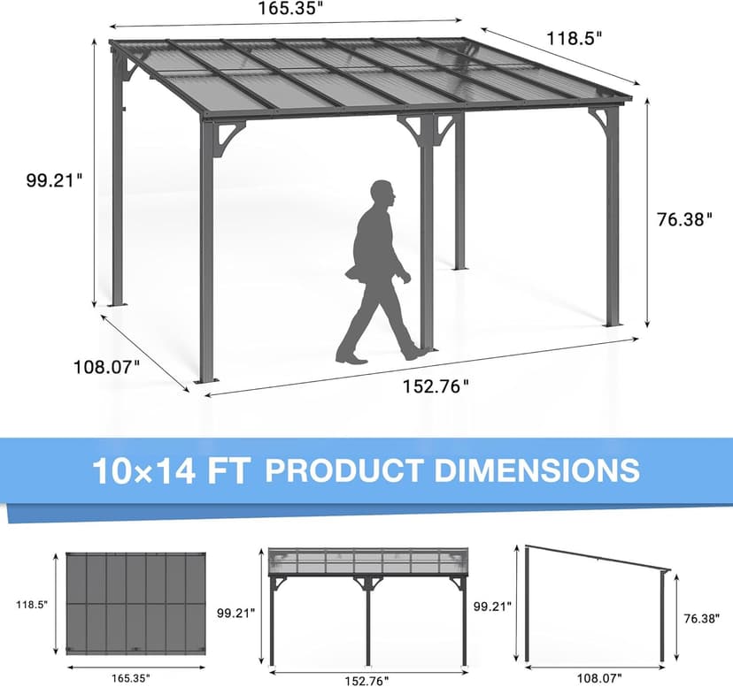 10x14 FT Gazebo Pergola Awnings for Patio with Hardtop Gazebos on Clearance Patio Covers for Shade and Rain, Lean to Gazebo Sunroom Patio Canopy Outdoor Pergolas for Patios,Decks,Backyard