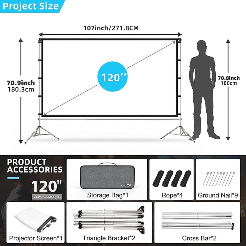 Projector Screen Outdoor, Vamvo Portable Projectors Screen with Aluminum Alloy Stand 120" Foldable Screens, 10 Feet Indoor Movie Screens with Carrying Bag for Home Theater Backyard Movie Night