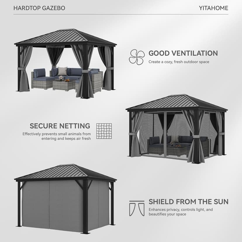YITAHOME 10X12FT Hardtop Metal Gazebo Outdoor Patio Single Top Canopy Galvanized Iron Aluminum Column Garden Tent Curtains Netting for Backyards Decks Lawns,Gray
