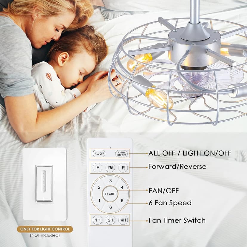 Asyko Outdoor Caged Ceiling Fans with Lights - Bladeless Low Profile Ceiling Fan Light with Remote, 19" Enclosed Ceiling Fan for Covered Outdoor