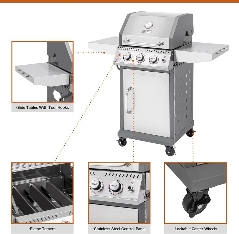 Royal Gourmet GG3001S 3 Burner Propane Gas Grill with Warming Rack, Stainless Steel Cabinet Style Gas Grill with 25,500 BTUs Output for Barbecue Grilling & Backyard Cooking, Silver