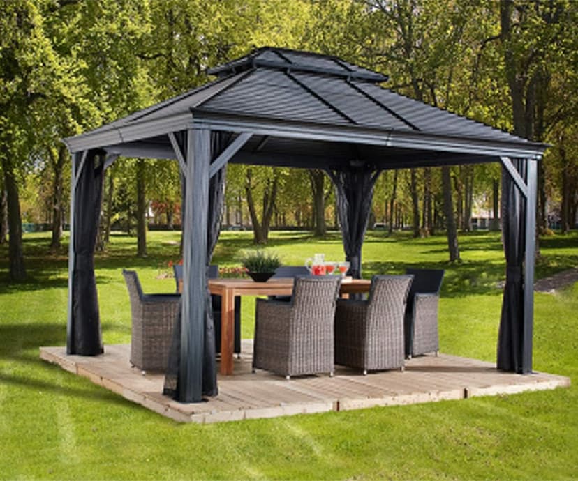 Sojag 10' x 12' Mykonos Double Roof Hardtop Gazebo Outdoor Weather-Resistant Aluminum Frame Sun Shelter Dark Grey