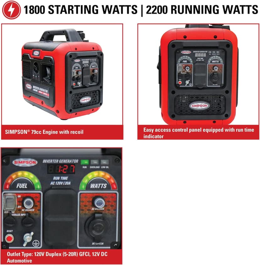 SIMPSON Cleaning SIG2218 Portable Gas Inverter Generator Power Station for Camping, RV, Home Use, Construction, and More, 2200 Starting Watts 1800 Running Watts