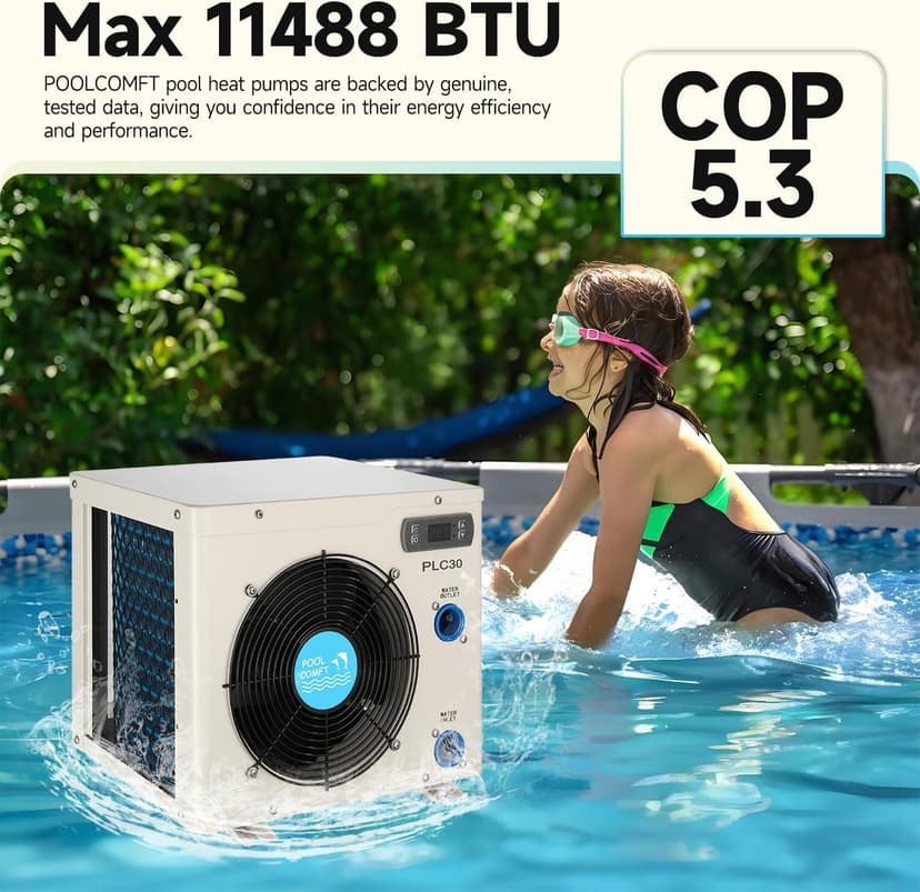 11000BTU Above Ground Pool Heater, Electric Swimming Pool Heat Pumps for Pools up to 2000 gallons, Fits 9/11/15 Foot Pool and Spas, 120V/60Hz, PLC30