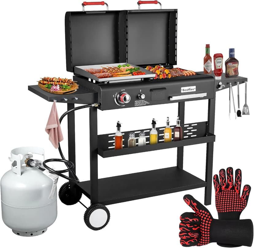 Bestfire Dual Fuel Propane Gas Charcoal Grill Combo Black Dual Lids, Flat Top Grill With 2 Side Shelves for BBQ, Outdoor and Backyard Cooking