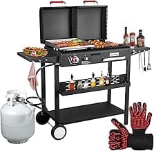 Bestfire Dual Fuel Propane Gas Charcoal Grill Combo Black Dual Lids, Flat Top Grill With 2 Side Shelves for BBQ, Outdoor and Backyard Cooking