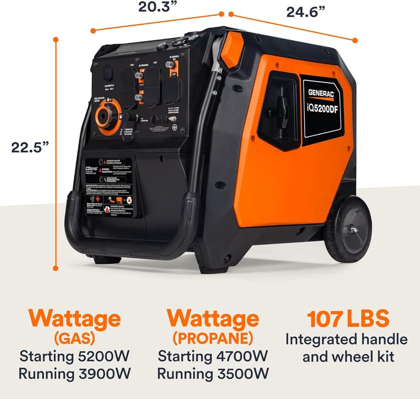 Generac 5,200-Watt Dual-Fuel Portable Inverter Generator - Gas and Propane Compatible - Compact and Lightweight Design - Clean, Stable Power - COsense Technology - Orange/Black - 49 State Compliant