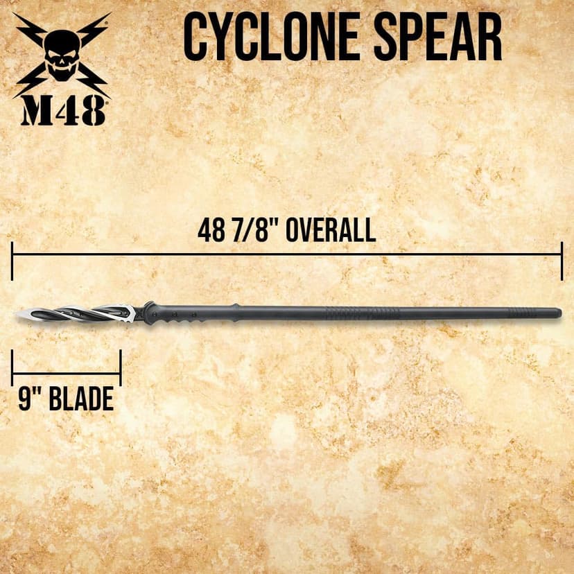 M48 Cyclone Spear with Vortec Sheath | Stainless Steel Blade | Three Spiraling Cutting Edges | Glass Fiber Reinforced Nylon Handle | Custom Vortec Sheath | Overall 48 7/8”
