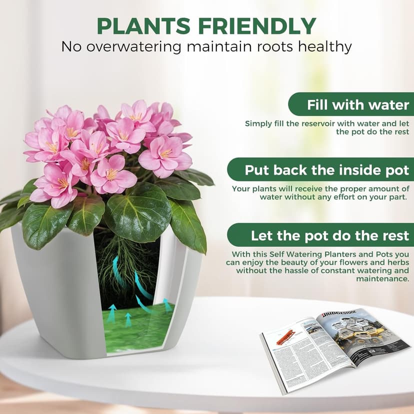 African Violet Pot Self Watering Ceramic Planter Pots, Easy Self Watering Planter for Busy Plant Lovers, Automatically Absorb Appropriate Amount of Water - Plants Not Included