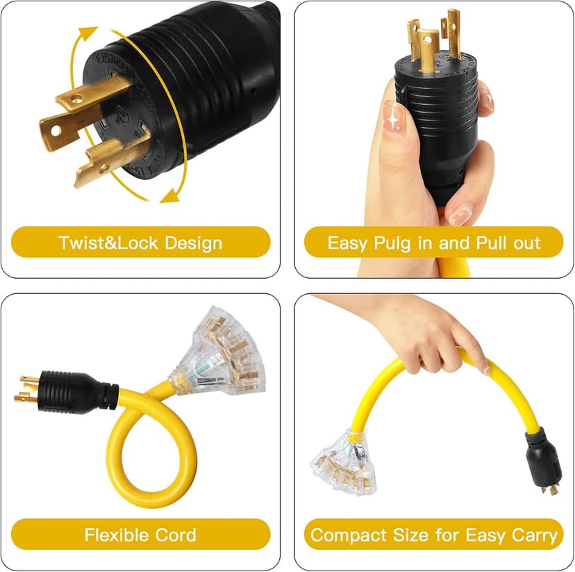 30 Amp to 110 Adapter Generator Power Cord, 3 Prong 30 Amp to 15 A Generator Adapter, Nema L5-30P Male Twist-Lock Power Plug to 3X 5-20R/5-15R 3-Way Outlet Female with Light Indicator