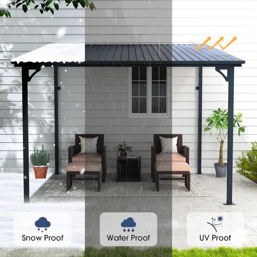 OC Orange-Casual 8x10 FT Patio All-Iron Gazebo,Hard Top Lean to Gazebo Pergola with Roof,Wall Mounted Heavy Duty Awnings, for Outdoor, Backyard, Deck