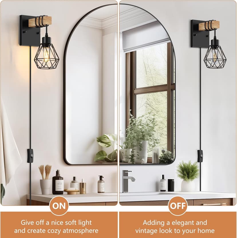 Plug in Wall Sconces Set of Two, Vintage Wood Wall Lamps with Plug in Cord, Farmhouse Wall Light Fixture with 5.25FT On/Off Switch Cord, Indoor Wall Lamp for Bedroom Living Room