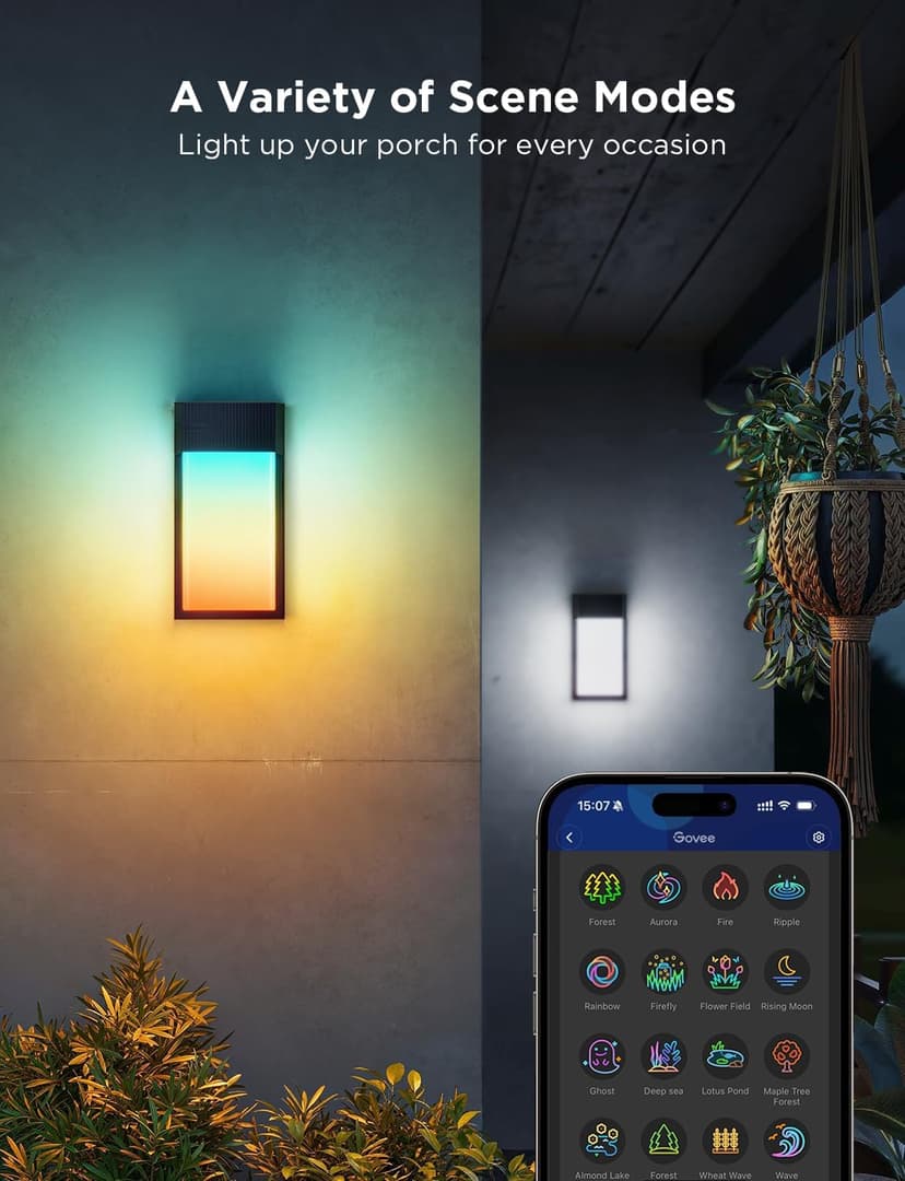 Govee Outdoor Wall Light, 1500LM Smart RGBIC Porch Lights Outdoor with 45 Scene Modes, IP65 Waterproof for Outdoor Decor, DIY Lighting Effects, Works with Alexa, Google Assistant and Matter, 2 Pack