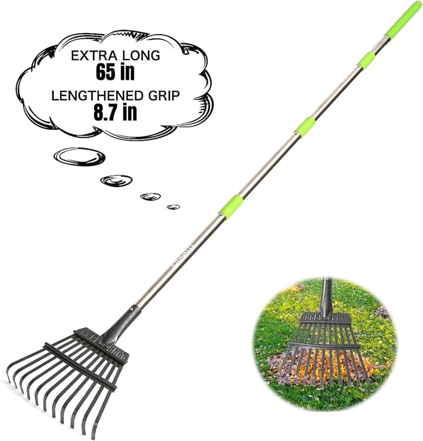 Joyhalo Small Leaf Rake, 8.5 Inch Wide Head with 11 Tines, Metal Garden Rake with Adjustable Handle 38.5 to 65 Inch for Gardening, Leaves, Weeds, Debris