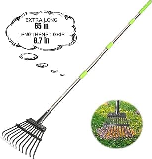 Joyhalo Small Leaf Rake, 8.5 Inch Wide Head with 11 Tines, Metal Garden Rake with Adjustable Handle 38.5 to 65 Inch for Gardening, Leaves, Weeds, Debris